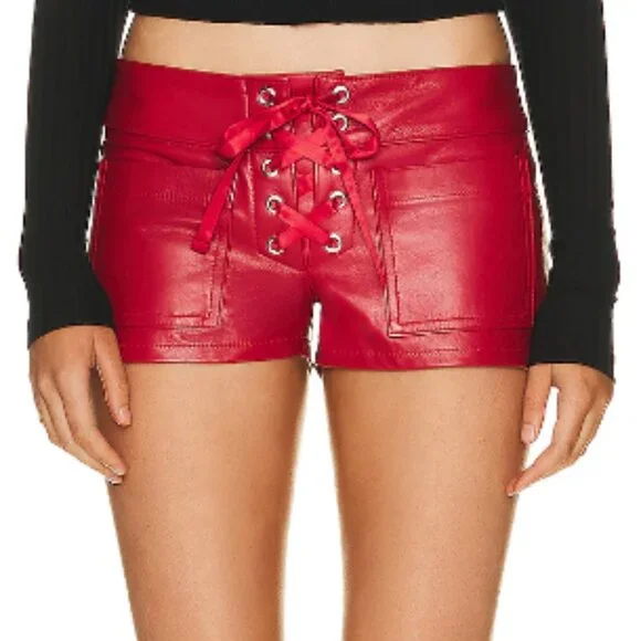 EB Denim Red Leather Micro Lace Up Shorts NWT - Picture 3 of 5